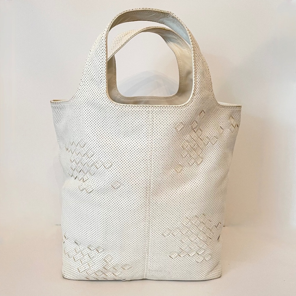Bottega Veneta Perforated Intrecciato Detail Regent White Leather Tote Bag